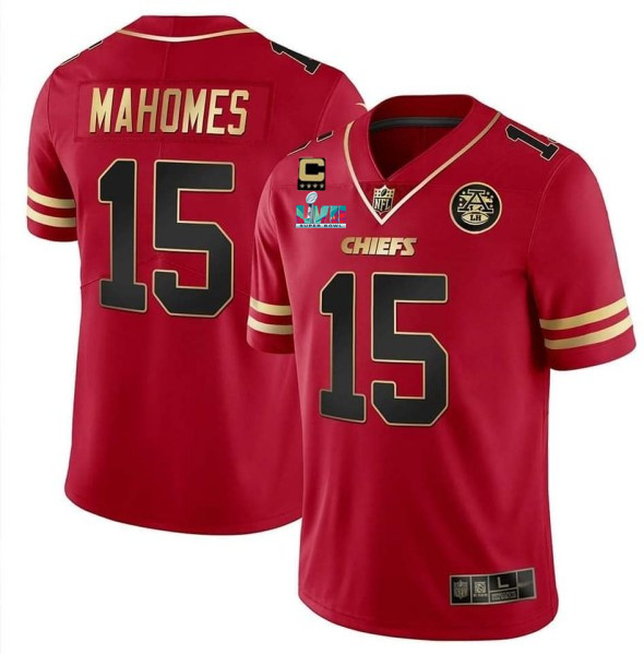 Men’s Kansas City Chiefs #15 Patrick Mahomes Red Gold Super Bowl LVII Patch And 4-star C Patch Vapor Untouchable Limited Stitched Jersey